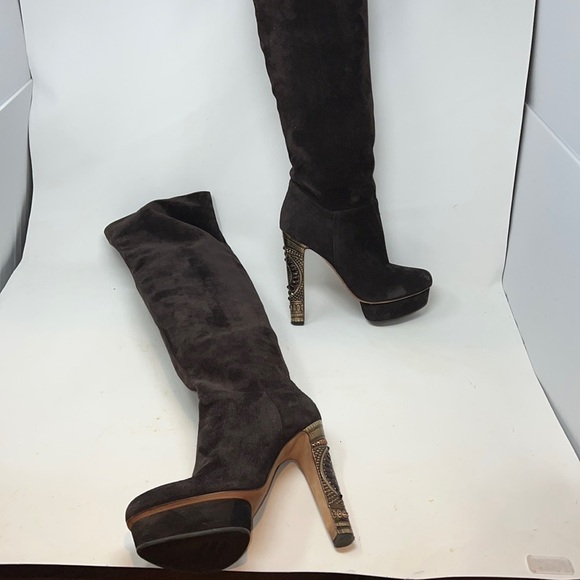 Le Silla 39/US 9 Brown Suede Metal Crystal Embellished Platform Tall Boots - Picture 3 of 16
